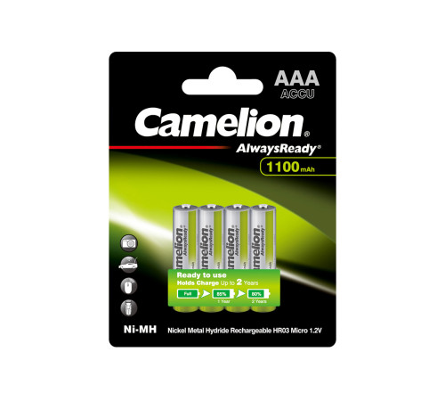 Аккумулятор CAMELION AlwaysReady Ni-MH Rechargeabale, AAA, 1.2V, 1100 mAh, 4шт., в блистере