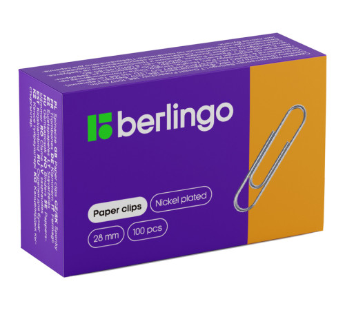Скрепки BERLINGO 28 мм, никелированные, 100 шт/упак