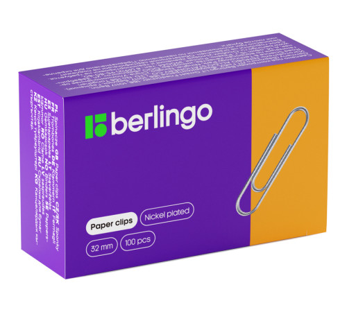 Скрепки BERLINGO 32 мм, никелированные, 100 шт/упак