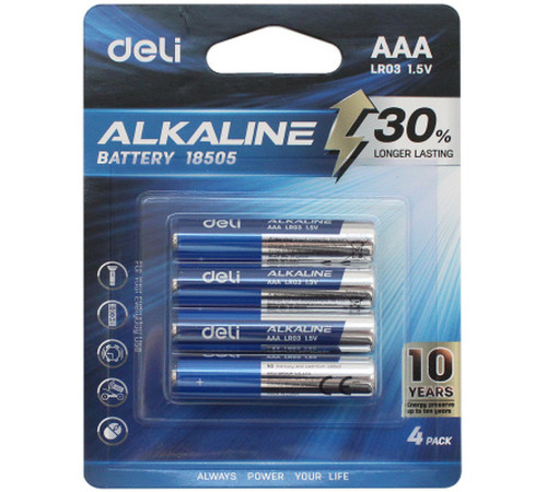 Батарейки DELI Alkaline, LR03, 1.5V, AAA, 4 штуки в блистере Батарейки DELI Alkaline, LR03, 1.5V, AAA, 4 штуки в блистере
