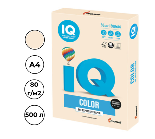 Бумага цветная IQ Color, А4, 80 г/кв.м., 500 л., кремовый CR20 Бумага цветная IQ Color, А4, 80 г/кв.м., 500 л., кремовый CR20