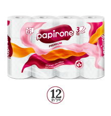 Бумага туалетная “Papirone Premium”, 3-слойная, 12 рулонов в упаковке