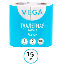 Бумага туалетная Vega 2-слойная, 4шт., эко, 15м, тиснение, белая, 100% целлюлоза