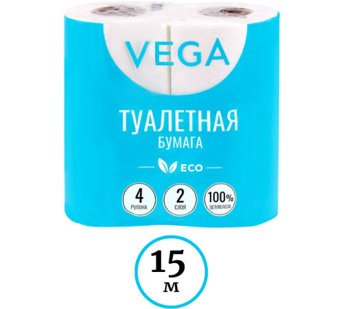 Бумага туалетная Vega 2-слойная, 4шт., эко, 15м, тиснение, белая, 100% целлюлоза Бумага туалетная Vega 2-слойная, 4шт., эко, 15м, тиснение, белая, 100% целлюлоза