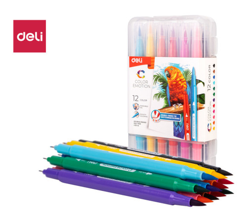 Фломастеры Deli "Color Emotion", 12 цветов, двусторонние, пластиковая упаковка
