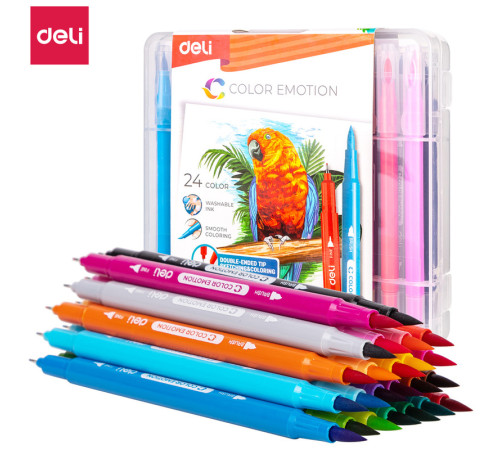 Фломастеры Deli "Color Emotion", 24 цвета, двусторонние, пластиковая упаковка