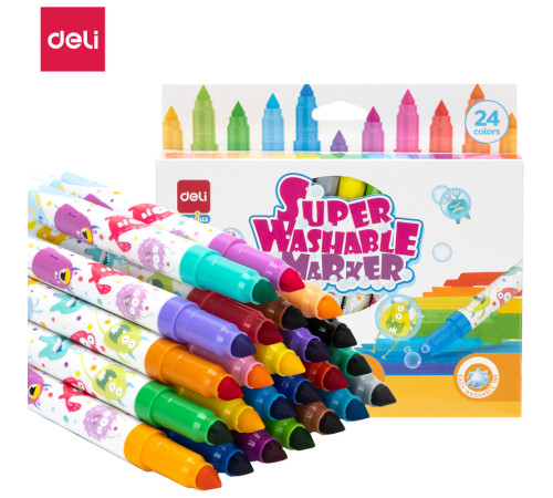 Фломастеры Deli "Super Washable", 24 цвета, круглый корпус, картонная упаковка Фломастеры Deli "Super Washable", 24 цвета, круглый корпус, картонная упаковка