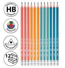 Карандаш DELI, НВ, с ластиком, трехгранный корпус,  ассорти