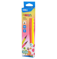 Карандаш DELI, НВ, с ластиком, трехгранный корпус, неоновые, ассорти