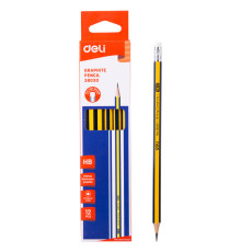Карандаш DELI, НВ, с ластиком, желтый с синими/красными полосками