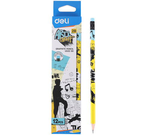 Карандаш DELI "Arti Graff" , 2В, шестигранный корпус, с ластиком, корпус ассорти