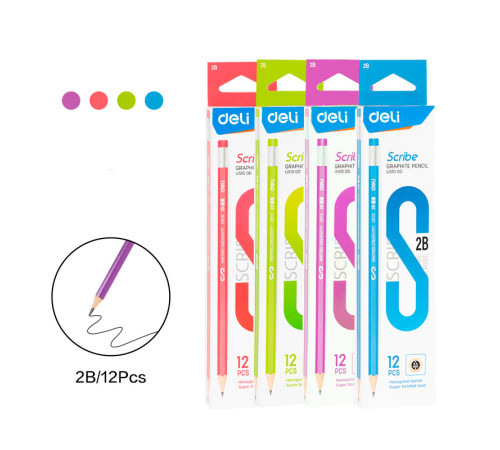 Карандаш DELI "Scribe" , 2В, шестигранный корпус, с ластиком, корпус ассорти