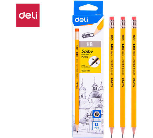 Карандаш DELI "Scribe", НВ, шестигранный корпус, дерево, с ластиком, желтый