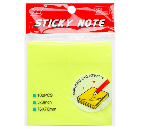Клейкие листики "Sticky" 76 х 76 мм, неон-желтый, 100 листов Клейкие листики "Sticky" 76 х 76 мм, неон-желтый, 100 листов