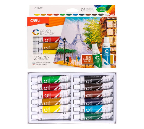 Краски акриловые DELI "Color Emotion" художественные, глянцевые, 12 цветов по 12 мл., картон