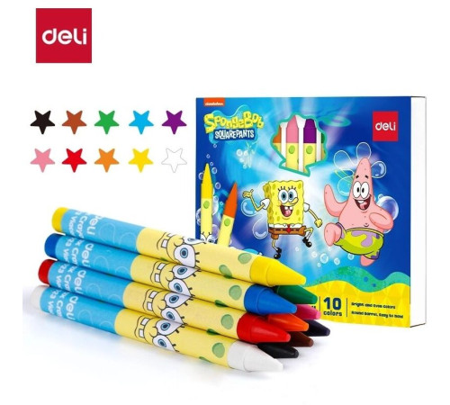 Мелки восковые Deli "SpongeBob", 10 цветов, картон Мелки восковые Deli "SpongeBob", 10 цветов, картон