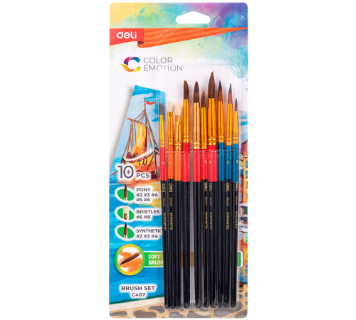 Набор кистей DELI "Color Emotion", 10 шт в уп., Пони №2,3,4,5,6, Щетина №6,8, Синтетика №2,3,4 Набор кистей DELI "Color Emotion", 10 шт в уп., Пони №2,3,4,5,6, Щетина №6,8, Синтетика №2,3,4