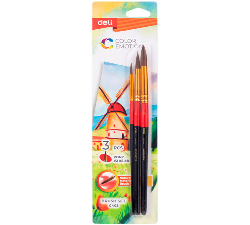 Набор кистей DELI "Color Emotion" для акварели и гуаши, 3 штуки в уп., Пони №2, 5, 8 Набор кистей DELI "Color Emotion" для акварели и гуаши, 3 штуки в уп., Пони №2, 5, 8
