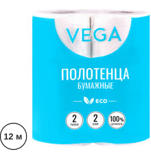 Полотенца бумажные Vega, 2-х слойные, 12м/рул., 2 рулона в упаковке, белые
