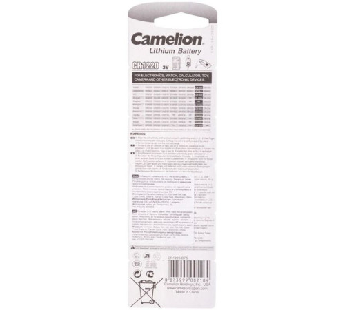 Батарейка, CAMELION CR1220-BP5 Lithium Battery, СR1220 3V, 220mAh, 5 шт в блистере
