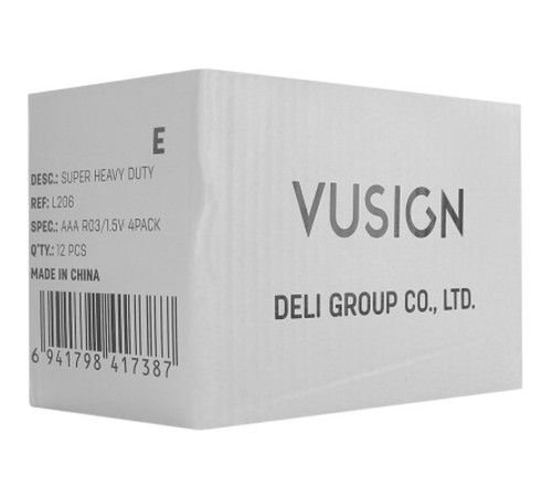 Батарейки DELI "VUSIGN" Super Heavy Duty, R03, 1.5V, AAA, 4 штуки в блистере