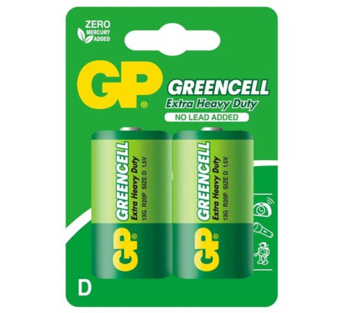Батарейки GP "Greencell" 13G-2CR2, D (2шт/упак)