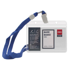 Бейдж горизонтальный DELI, 105x70 мм, пластиковый, на шнурке, синий.