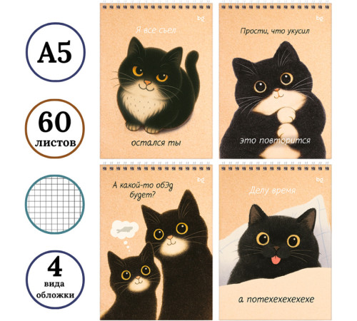 Блокнот BG "Настроение - кот" на спирали, А5, 60 листов в клетку