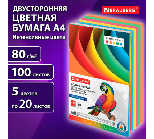 Бумага цветная BRAUBERG Intensive, А4, 80 г/кв.м., 100 л., 5 цветов