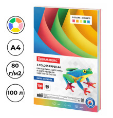 Бумага цветная BRAUBERG Medium, А4, 80 г/кв.м., 100 л., 5 цветов