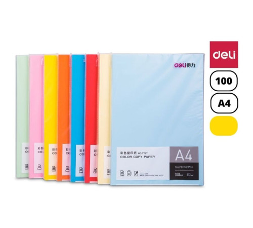Бумага цветная Deli Intensive, А4, 80 г/кв.м., 100 л., желтая