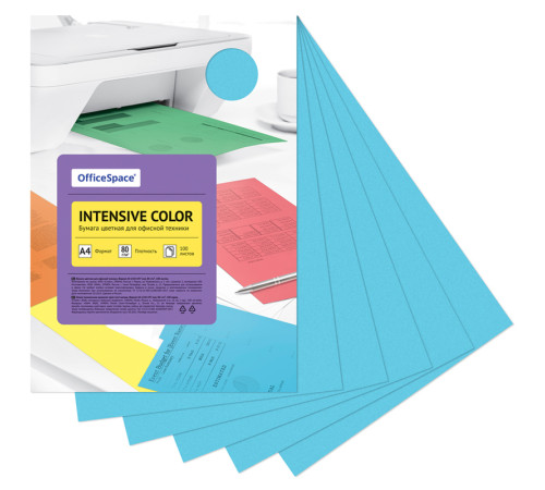 Бумага цветная OfficeSpace Intensive, А4, 80 г/кв.м., 100 л., голубая