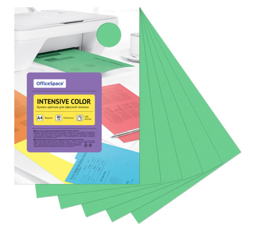 Бумага цветная OfficeSpace Intensive, А4, 80 г/кв.м., 100 л., зеленая