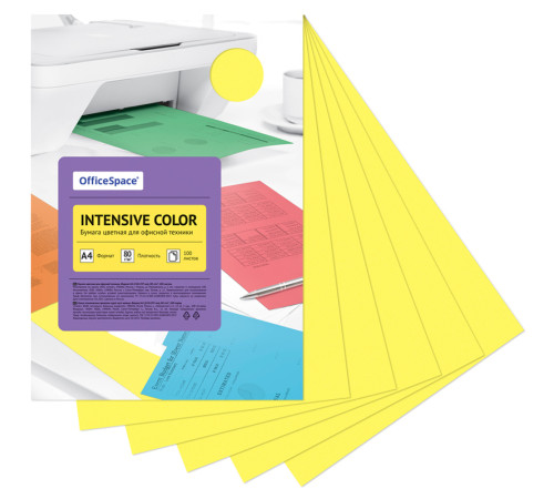 Бумага цветная OfficeSpace Intensive, А4, 80 г/кв.м., 100 л., желтая