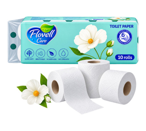 Бумага туалетная Flovell Care, 6 слойная, без втулки, 10 рулонов