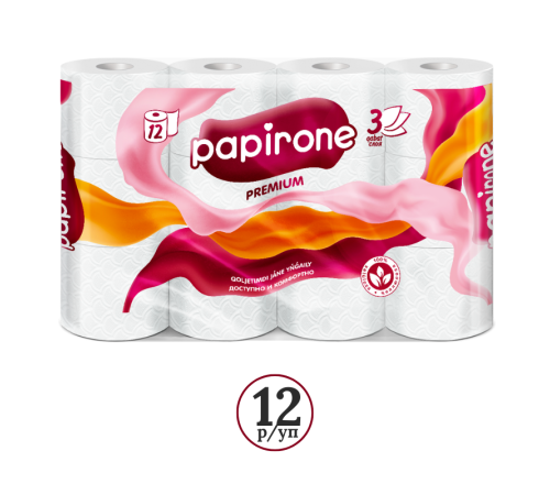 Бумага туалетная “Papirone Premium”, 3-слойная, 12 рулонов в упаковке