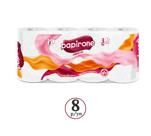 Бумага туалетная “Papirone Premium”, 3-слойная, 8 рулонов в упаковке