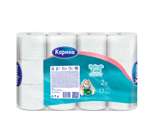 Бумага туалетная "Delicate Care", 2-х слойная, 12 рулонов в упаковке