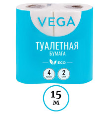 Бумага туалетная Vega 2-слойная, 4шт., эко, 15м, тиснение, белая