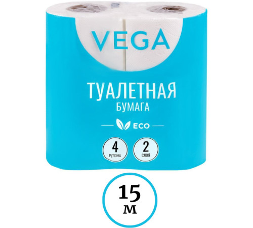 Бумага туалетная Vega 2-слойная, 4шт., эко, 15м, тиснение, белая
