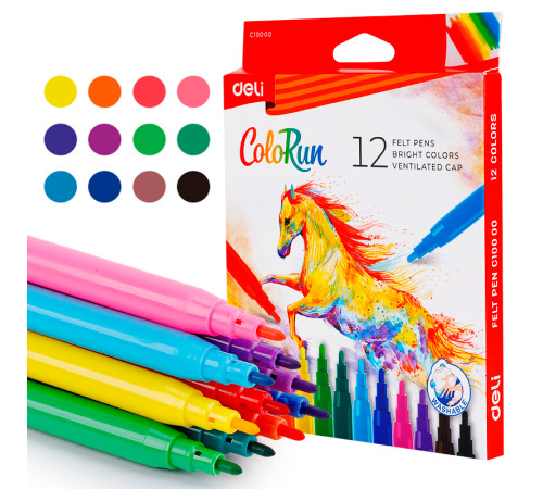 Фломастеры Deli "ColoRun", 12 цветов, картон