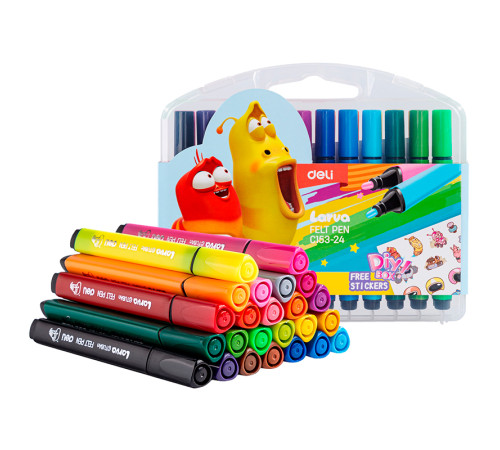 Фломастеры Deli "Larva", 24 цвета, трехгранный корпус, пластиковая упаковка