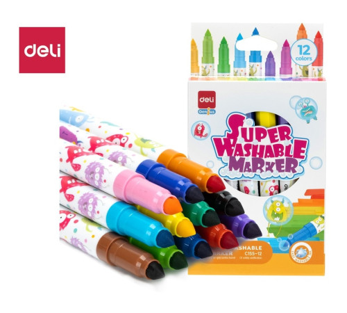Фломастеры Deli "Super Washable", 12 цветов, круглый корпус, картонная упаковка