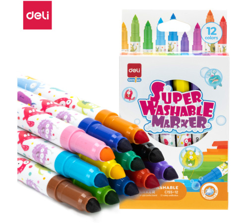 Фломастеры Deli "Super Washable", 12 цветов, круглый корпус, картонная упаковка