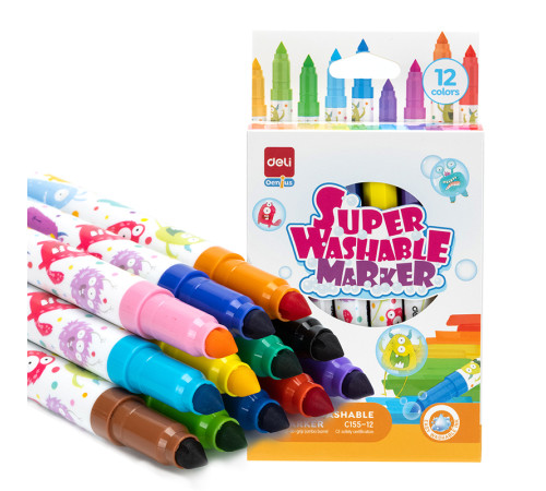 Фломастеры Deli "Super Washable", 12 цветов, круглый корпус, картонная упаковка