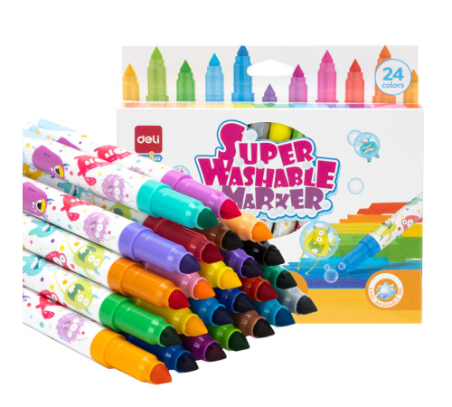 Фломастеры Deli "Super Washable", 24 цвета, круглый корпус, картонная упаковка