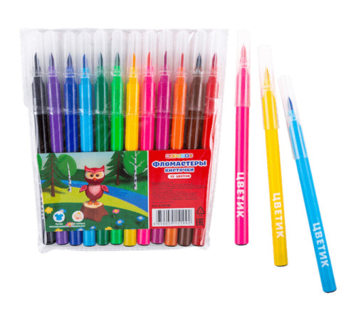 Фломастеры ЗХК  "Цветик", кисточки, 12 цветов
