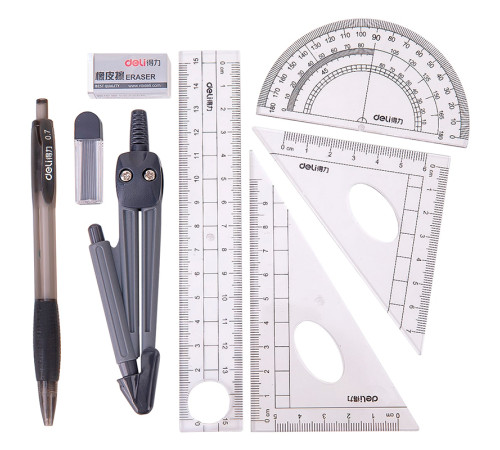 Готовальня Deli "Компас",  8 предметов, 180х75х25мм, пластиковый футляр