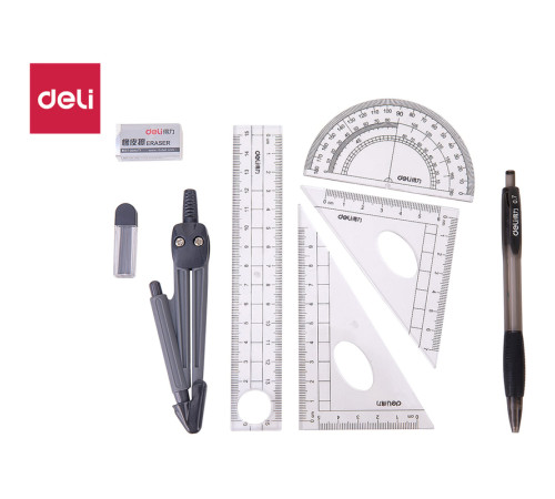 Готовальня Deli "Компас",  8 предметов, 180х75х25мм, пластиковый футляр