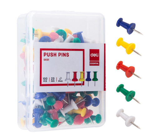 Гвоздики для доски DELI, цветные, 100 штук в пластиковой коробочке